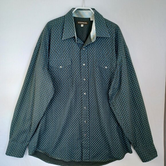 Stetson Mens Pearl Snap Western Shirt Green Blue Cotton Small Print size XL - Picture 5 of 11